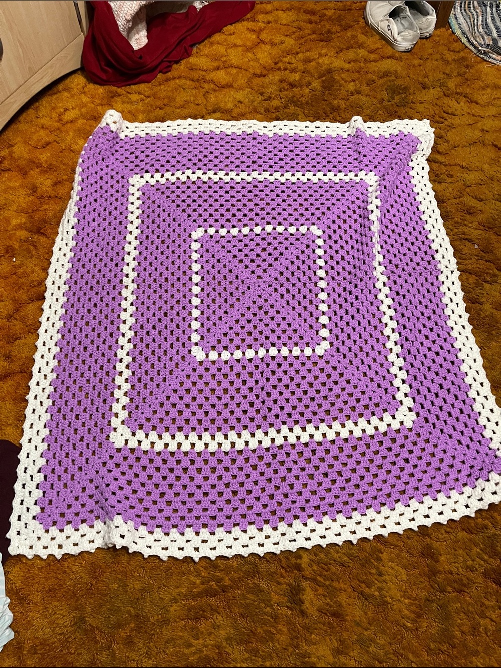 Handmade Crocheted Lavender & White Granny Square Blanket